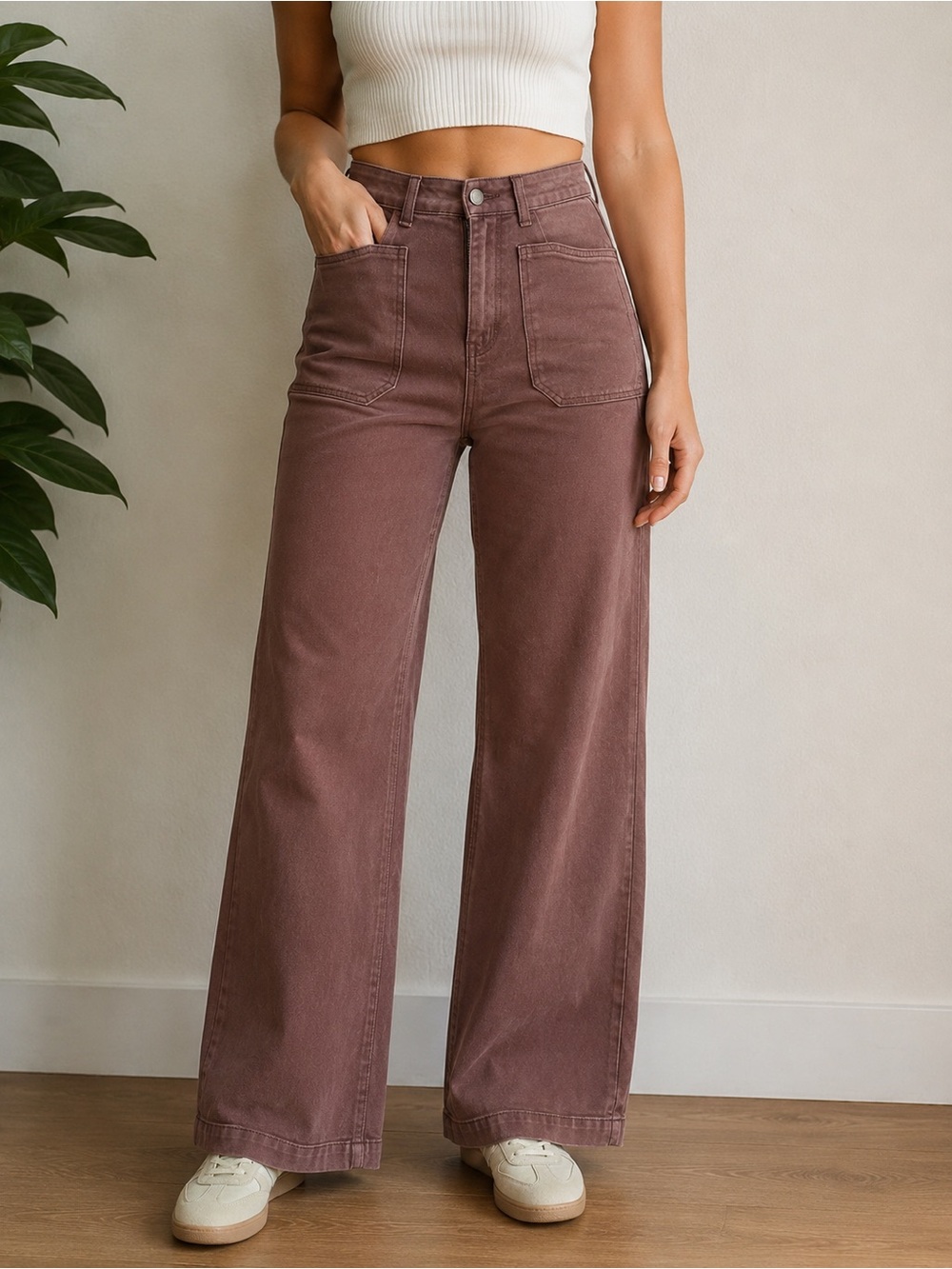 Altar'd State Kristian Wide Leg Patch Pocket Jeans Mauve Brown